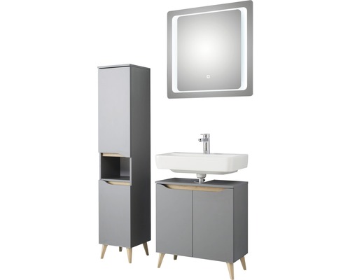 Badezimmerensemble mit Waschtischunterschrank, Waschbecken, Spiegelschrank und Hochschrank