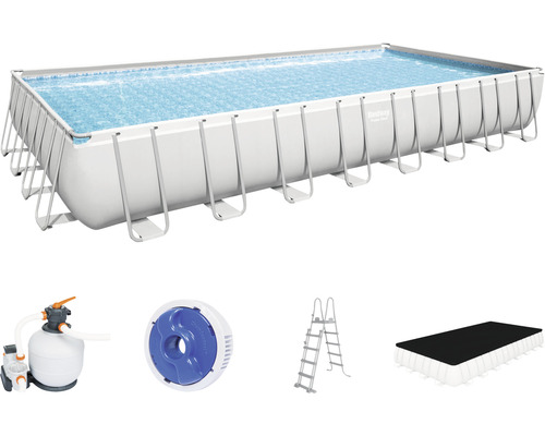 Kit de piscine hors sol tubulaire Bestway Power Steel™ rectangulaire 956x488x132 cm avec groupe de filtration à sable gris