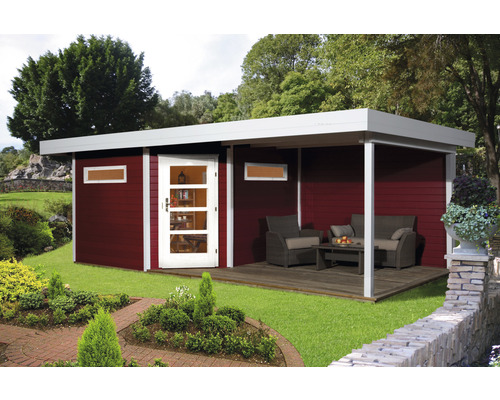 Abri Lounge weka Davos avec plancher et Lounge 586 x 278 cm rouge de Falun Abri de jardin moderne avec terrasse couverte et mobilier de jardin
