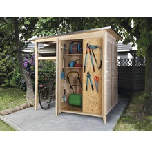 Abri à outils en bois ouvert avec outils de jardin et vélo