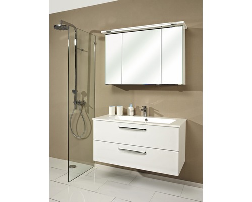 Salle de bains avec cabine de douche, meuble sous-vasque et armoire de toilette.