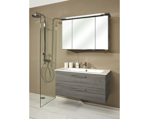 Salle de bains avec douche, meuble sous-lavabo et armoire de toilette