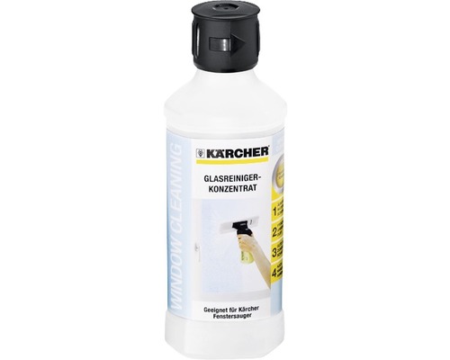 Concentré de nettoyant pour vitres RM 500 Kärcher 0,5 l Concentré de nettoyant pour vitres Kärcher dans une bouteille en plastique blanche avec un couvercle noir