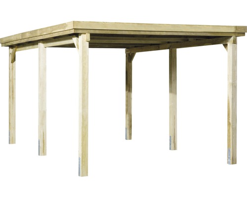 Abri en bois avec poteaux en bois et structure de toit rectangulaire