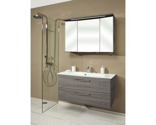 Badmöbel-Set Pelipal Kumba BxHxT 107 x 200 x 50 cm Frontfarbe graphit struktur quer mit Glas-Waschtisch weiß 99.107032119 Modernes Badezimmer mit Waschtisch, Spiegelschrank und Dusche