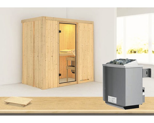 Sauna modulaire Karibu Mariado avec poêle 9 kW et commande intégrée sans couronne avec porte entièrement vitrée coloris bronze