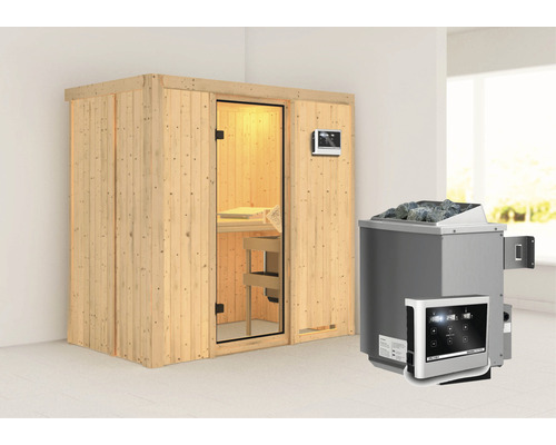 Sauna modulaire Karibu Mariado avec poêle 9 kW et commande ext. sans couronne avec porte entièrement vitrée coloris bronze
