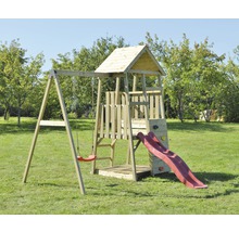 Spielturm Panda Holz mit Kletterwand, Schaukel, Sandkasten und Rutsche rot