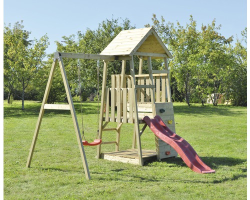 Tour de jeux avec toboggan, balançoire et mur d''escalade sur gazon