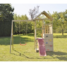 Spielturm Panda Holz mit Kletterwand, Schaukel, Sandkasten und Rutsche rot