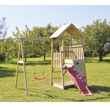 Spielturm Panda Holz mit Kletterwand, Schaukel, Sandkasten und Rutsche rot