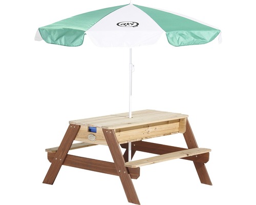 Kindersitzgruppe mit Sonnenschirm, Holzkonstruktion für den Außenbereich