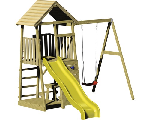 Spilltuerm mat Rutsch a Schaukel fir dobaussen