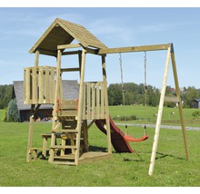 Tour de jeux gorille en bois avec mur d’escalade, balançoire, bac à sable, banc et toboggan rouge