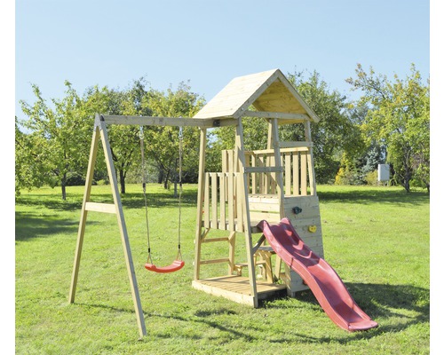 Tour de jeux en bois avec balançoire et toboggan dans le jardin