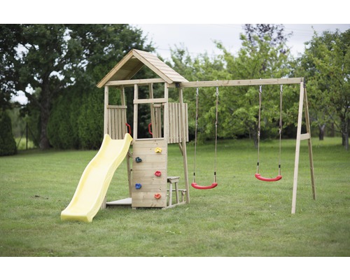 Cabane sur pilotis Jungle Gym Crazy XL en bois avec pont, bac à sable,  toboggan de couleur bleue - HORNBACH Luxembourg