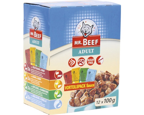 Katzenfutter nass MR. BEEF in Sauce 1 Pack 12 x 100 g Mr. Beef Adult Katzenfutter Vorteilspack Sauce mit verschiedenen Geschmacksrichtungen, 12 mal 100 Gramm