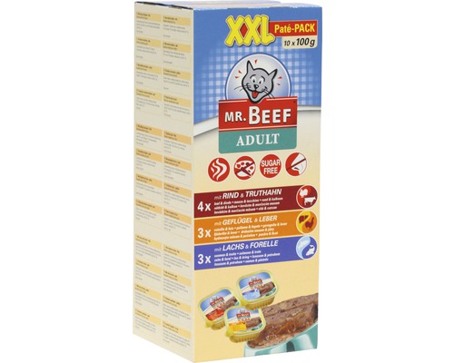 Katzenfutter nass MR. BEEF Schalen Paté 1 Pack 10 x 100 g XXL-Packung Mr. Beef Adult Katzenfutter Pastete mit Rind, Truthahn, Geflügel, Leber, Lachs und Forelle