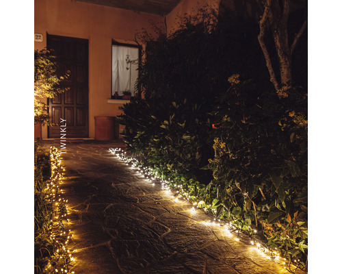 Dekorative Lichterkette beleuchtet einen Gartenweg am Abend.