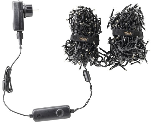 Zwei zusammengebundene Lichterketten mit Netzteil und Dimmer.
