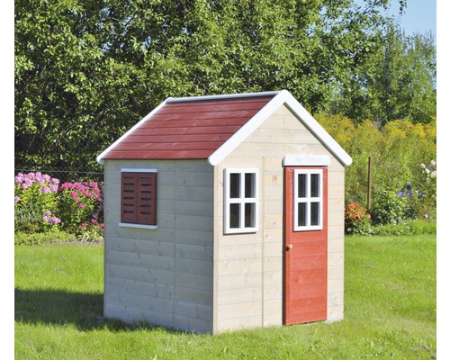 Cabane de jeux Gecko en bois 120x120x155 cm naturel-rouge-blanc Cabane de jeux en bois avec porte, fenêtres et toit dans le jardin