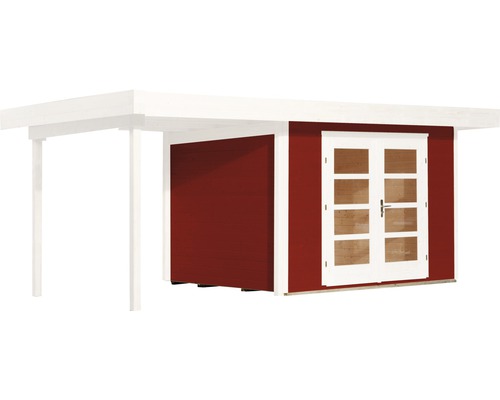 Abri de jardin en bois avec porte double sous un toit de carport