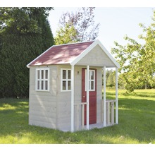 Cabane de jeu en bois avec fenêtres et porte dans le jardin