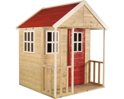 Cabane de jeu en bois avec toit rouge et véranda