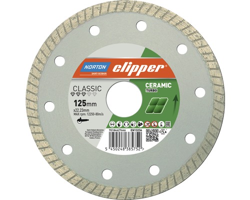 Disque diamanté Norton Clipper Classic Ceramic Turbo Ø 125x22,23 mm Norton Clipper CLASSIC disque à tronçonner diamanté turbo pour céramique, diamètre 125 mm