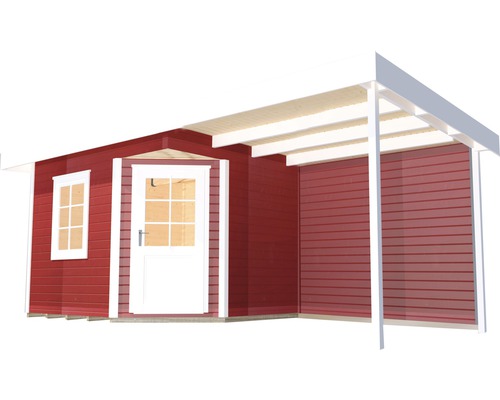 Rotes Gartenhaus mit überdachter Veranda, Fenster und Tür