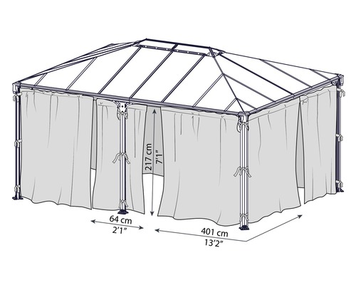 Schéma technique d''un pavillon avec rideaux et dimensions