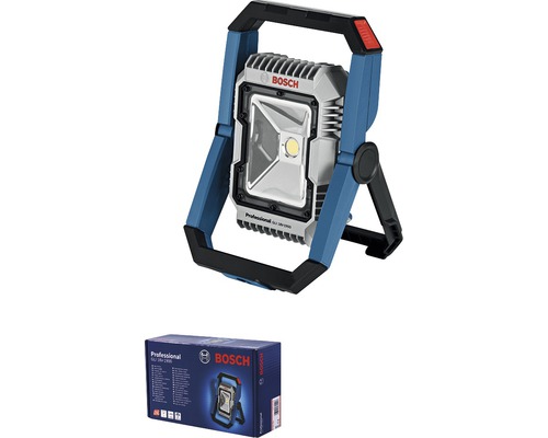 Logo Bosch, projecteur de chantier avec poignée de transport et emballage du produit
