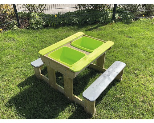 Table de jeu sable et eau bois avec couvercle et bancs 100x80x53 cm vert naturel