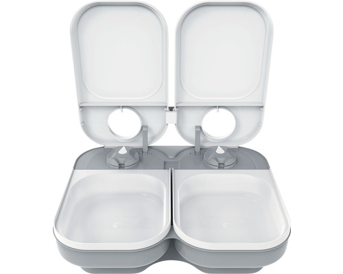 Doppelter Futterautomat für Haustiere mit zwei Futterbehältern und Dosierfunktion