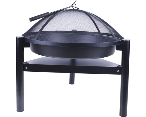 Schwarze Feuerschale mit Funkenschutz und Ständer