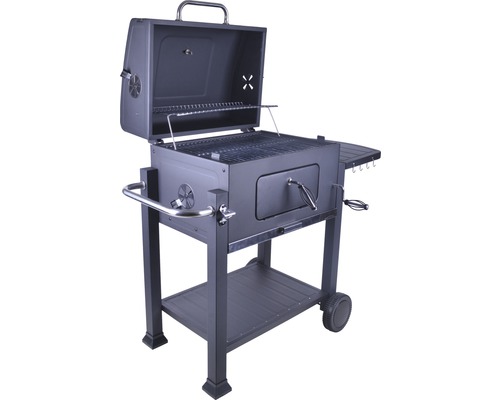 Barbecue au charbon de bois avec surfaces de rangement et roues