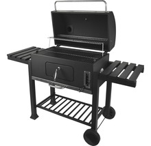 Barbecue au charbon de bois avec surfaces de rangement et couvercle ouvert