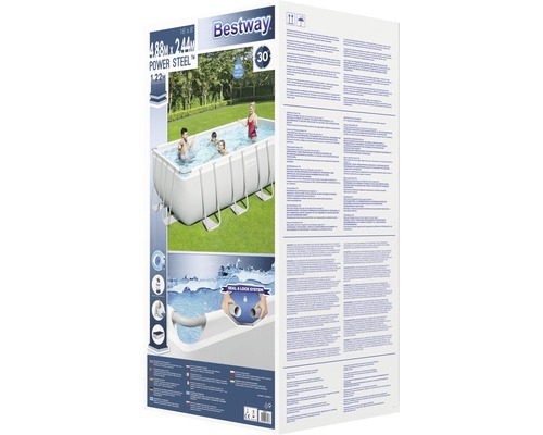 Bestway Power Steel Frame Pool Verpackung mit Produktinformationen und Nutzungshinweisen.