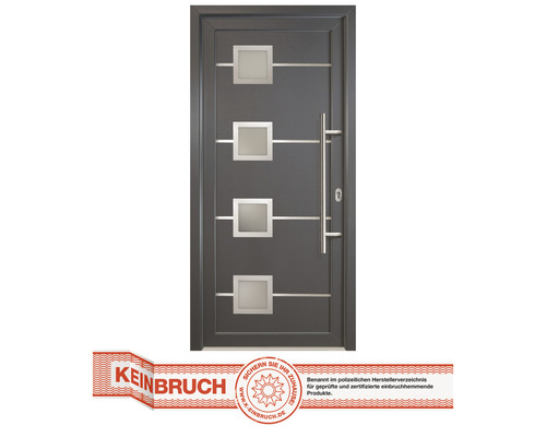 Porte d''entrée grise avec inserts en verre et poignée