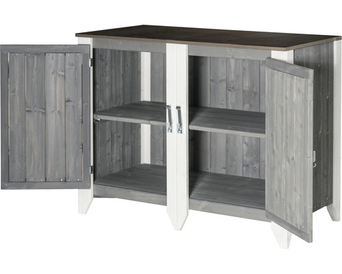 Gartenschrank aus Holz mit zwei Türen und Regalböden