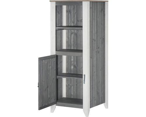 Holzschrank mit Regalböden und einer offenen Tür