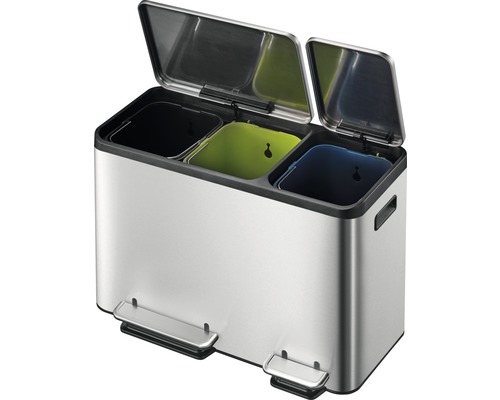 Poubelle à pédale EKO EKO Casa nombre de bacs 3 2x 15 litres 1x 15 litres argent Poubelle à trois compartiments et pédale pour tri des déchets
