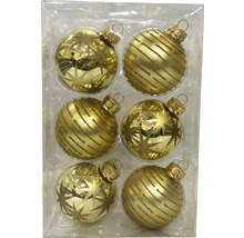 Six boules de Noël avec motifs étoiles et rayures dans un emballage