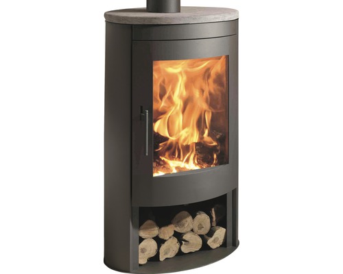 Poêle Panadero Oval 1 acier noir 8,7 kW avec recouvrement en pierre naturelle et compartiment à bois