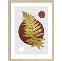 Œuvre d''art encadrée avec un motif de fougère dorée sur fond géométrique