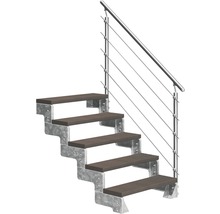 Treppe mit Metallrahmen und Holzstufen sowie Geländer mit Stahlseilen