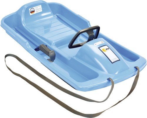 Blauer Kunststoffschlitten mit Lenkrad und Zugseil