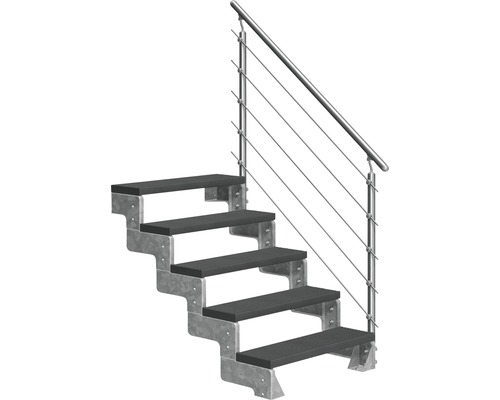 Escalier extérieur Pertura Tallis avec balustrade Prova 5 pas de marche 80 cm anthracite Escalier avec rampe métallique et marches sombres
