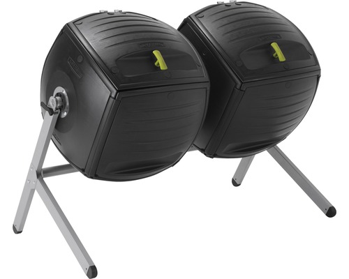 Deux composteurs rotatifs noirs avec support