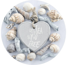 Décoration avec coquillages, bois flotté et un cœur avec l''inscription ''Let the sea set you free''.